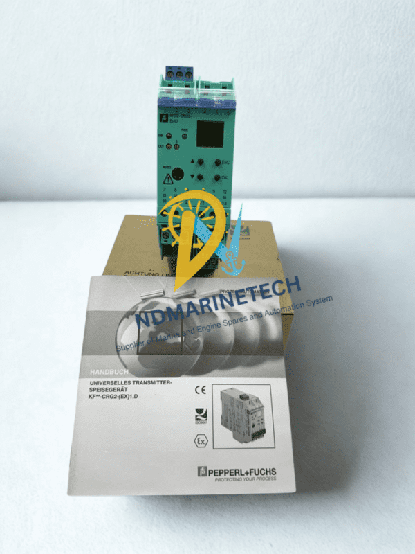 KFD2-CRG2-Ex1.D Transmitter Power Supply with Digital Interface and Manual. Front view of Pepperl+Fuchs KFD2-CRG2-Ex1.D with integrated LCD display, keypad, and original instruction manual.