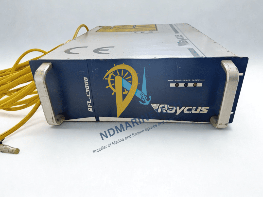 Raycus RFL-C3000 Single Module Fiber Laser Source for Industrial Cutting Raycus RFL-C3000 3000W CW fiber laser source unit with ND Marine logo, showing front panel indicators and yellow fiber optic cable