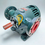 Isometric view of a Roper 1F-150 Type 27 pump with manufacturer nameplates and protective mesh on the drive shaft.