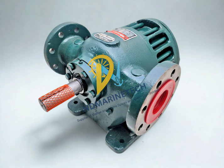 Roper Pump 1F-150 Type 27 Isometric view of a Roper 1F-150 Type 27 pump with manufacturer nameplates and protective mesh on the drive shaft.