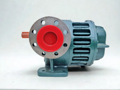 Roper 1F-150 Type 27 Pump Side View Side view of a Roper 1F-150 Type 27 Helical Gear Pump showing 3-inch flanged port with red protective cap and foot mount.