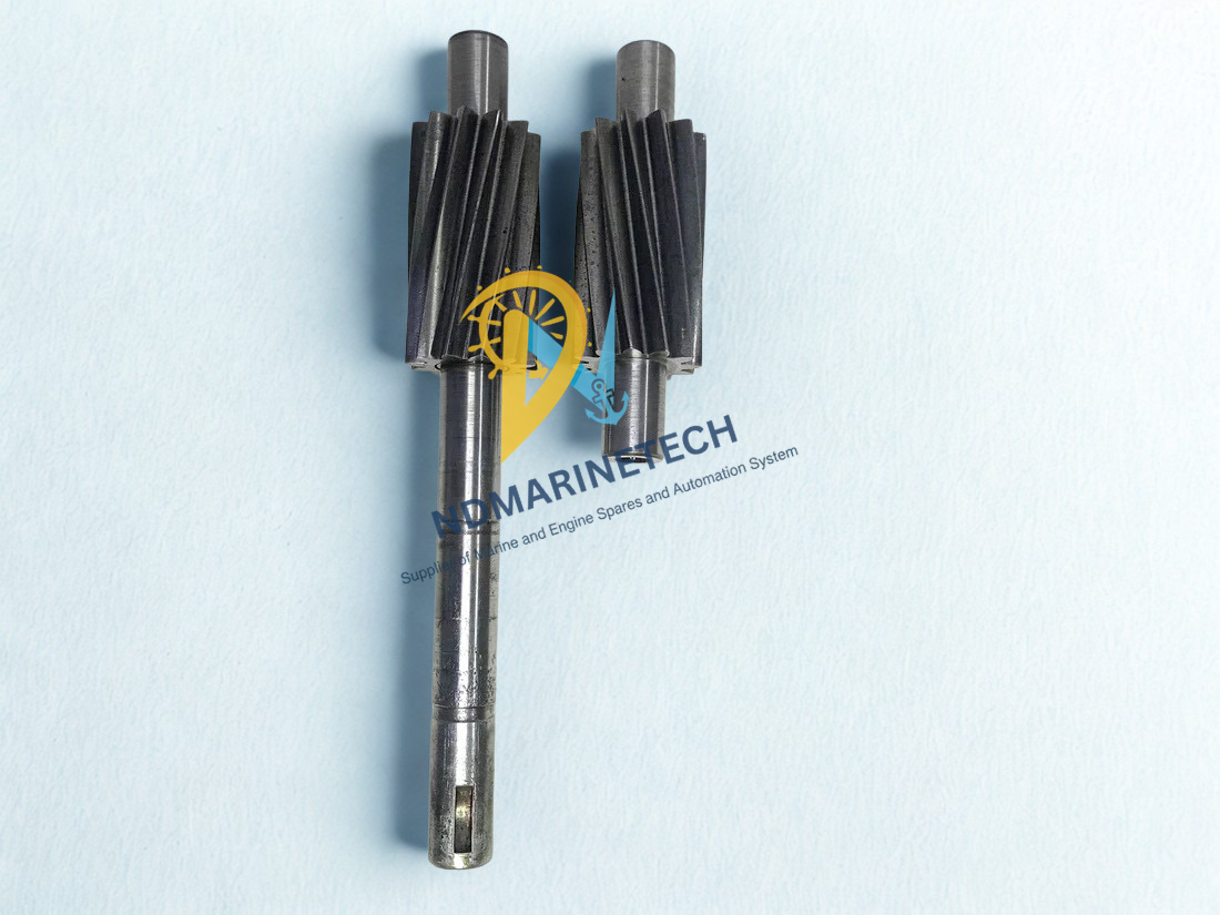 Roper pump replacement gear set 2AM 27 A complete replacement gear set for a Roper 2AM 27 pump, featuring one long drive shaft with a keyway and one shorter idler shaft, both fitted with heavy-duty helical gears.