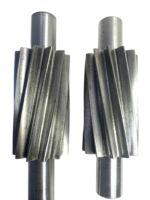 A detailed close-up view of a pair of high-precision helical gears with integrated shafts for a Roper 2AM 27 A-Series gear pump, showing the machined metallic texture and tooth orientation.