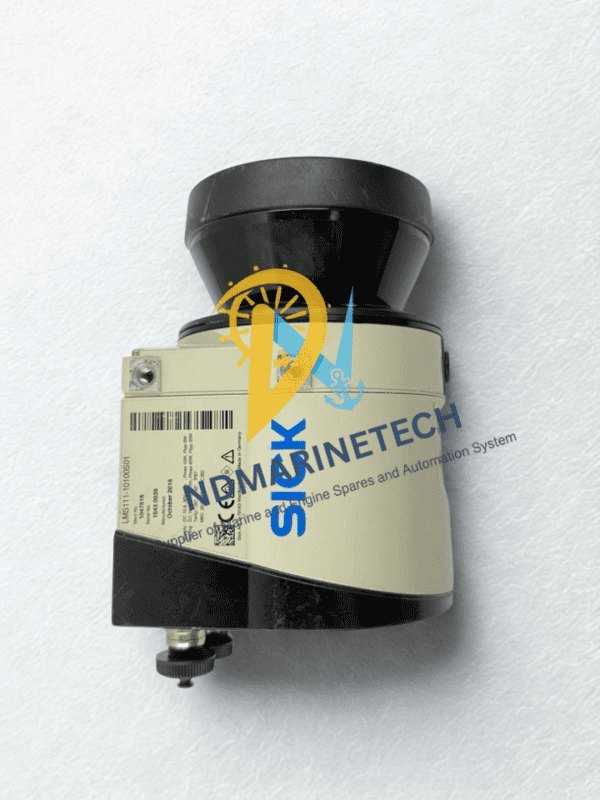 SICK LMS111-10100S01 Profile: Compact and durable design for marine and industrial automation Side profile of the SICK LMS111-10100S01 2D laser scanner featuring the blue SICK logo and rugged outdoor housing.