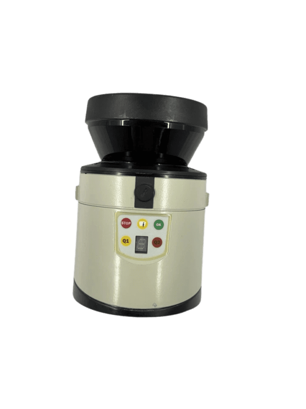 SICK LMS111-10100S01 Interface: LED status indicators and 7-segment diagnostic display. Front view of SICK LMS111-10100S01 laser scanner showing LED status display for Stop, OK, Q1, and Q2 indicators.