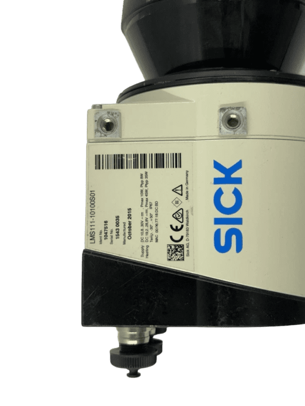 Authenticity Check: Close-up of the SICK manufacturing label, electrical specs, and October 2015 production date. Technical specification label of SICK LMS111-10100S01 showing MPN 1047516, serial number, and power ratings.