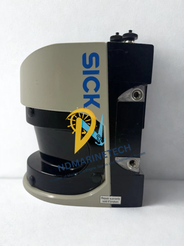 SICK LMS511-10100S02 Rugged Housing Profile and Mounting Points Side view profile of the SICK LMS511 series 1057618 LiDAR sensor with heavy-duty mounting points for industrial installation