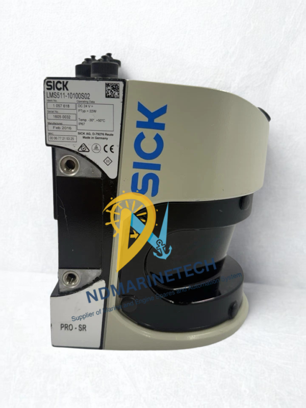 SICK LMS511-10100S02 Technical Label and Identification Details. SICK LMS511-10100S02 outdoor scanner sensor technical specification label showing MPN 1057618 and Serial Number 1605 0032.