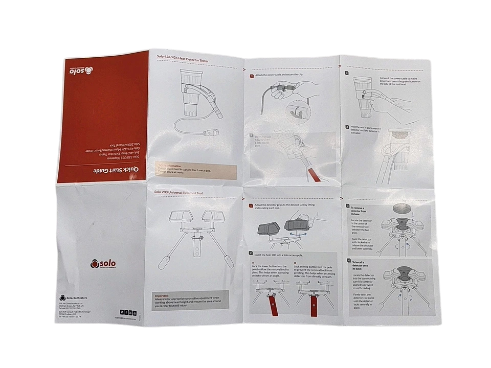 Solo 200-001 Technical Manual - Quick Start Guide Page 1 Solo 200-001 user manual showing instructions for heat detector testing and universal removal tool adjustment.