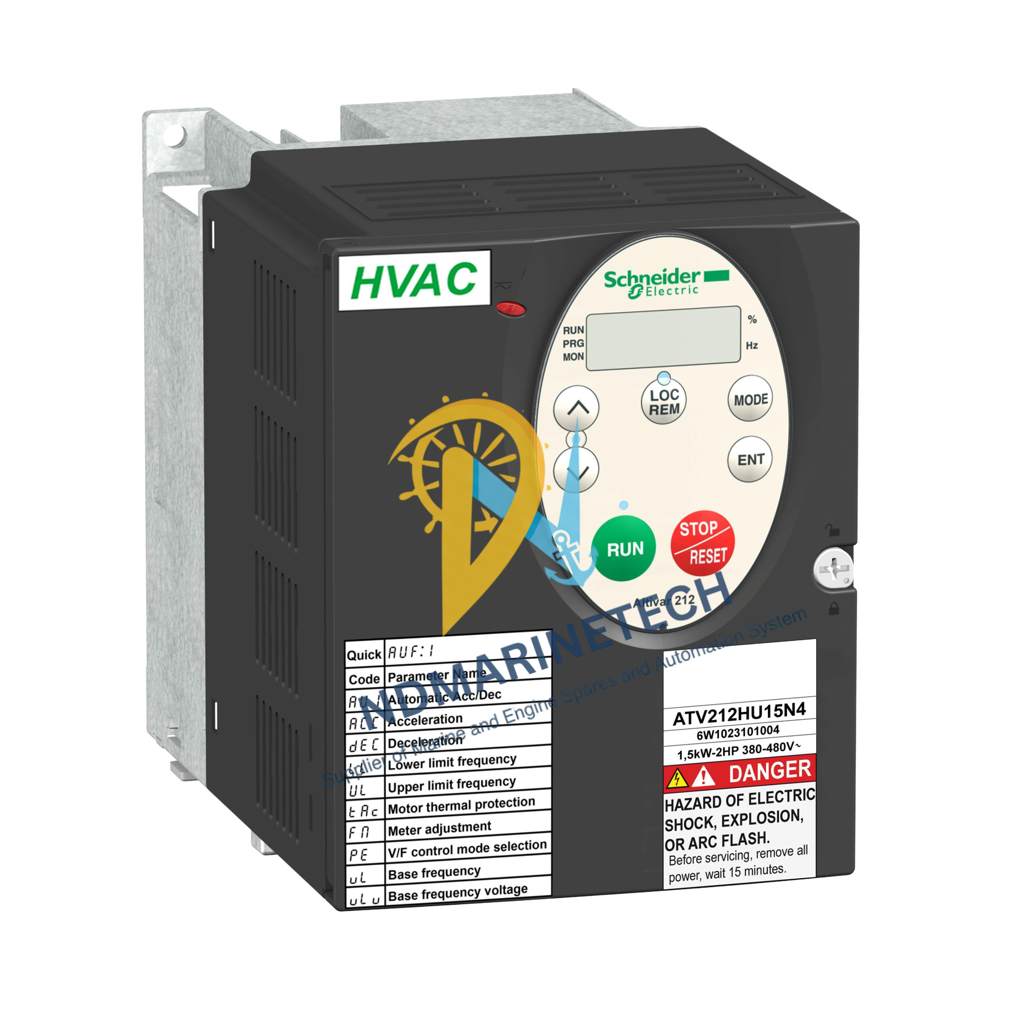 Schneider Electric ATV212HU15N4 Front view of Schneider Electric ATV212HU15N4 Altivar 212 Variable Speed Drive for HVAC applications featuring digital display and control buttons.