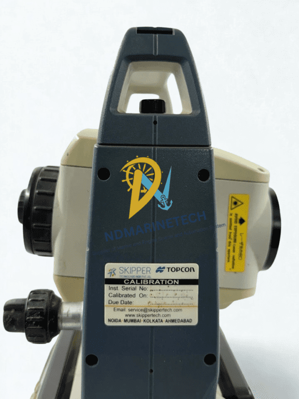 Certified Precision - Sokkia CX-101 Calibration and Maintenance Label. Side view of Sokkia CX-101 Total Station highlighting the Topcon calibration and serial number plate.
