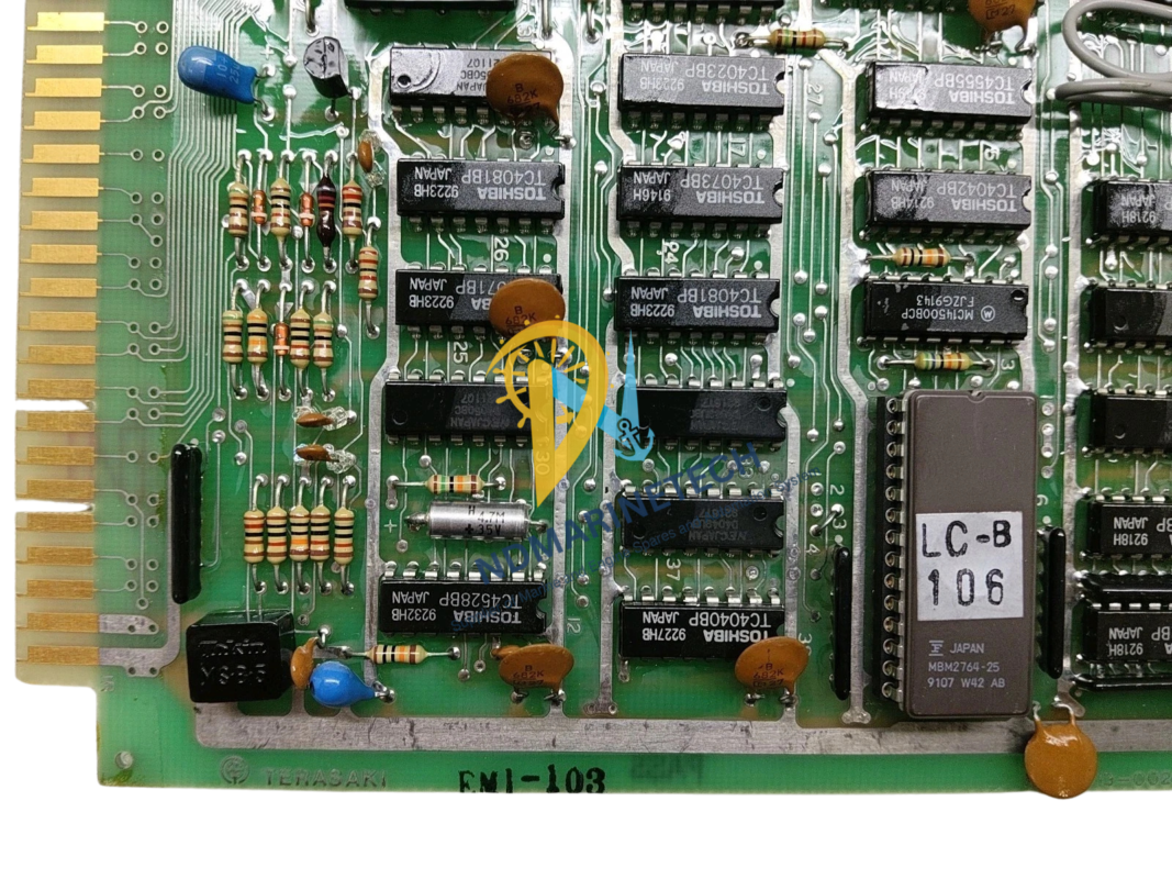 Detailed component view of Terasaki EMI-103 PCB with Japanese logic ICs. Close-up of Terasaki EMI-103 PCB showcasing a dense layout of integrated circuits including Toshiba TC4528BP, NEC D4011BC, and a 16-pin large IC labelled 106 901.