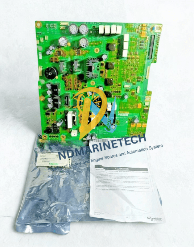 VX4PPC16N4 Power Board Kit with Installation Guide Complete Schneider VX4PPC16N4 power drive board kit including the PCB assembly, safety warning documentation, and original industrial packaging.
