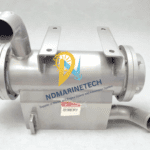 Side profile of marine engine heat exchanger 123010-44100 highlighting the shell-and-tube housing and dual-pass pipe curves.