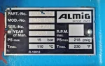 Technical nameplate of Almig VMXa 137R showing 15 bar pressure and 110C max temperature