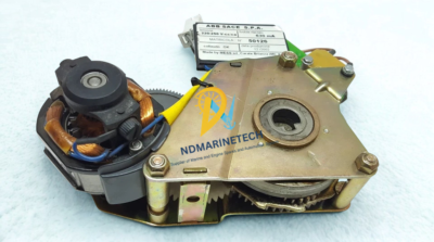 ABB 1SDA038324R1 geared motor operator device for Emax and Tmax circuit breakers. Complete top-down view of ABB 1SDA038324R1 geared motor device featuring copper field windings, main driving cam hub, and control circuit terminal connection plug.