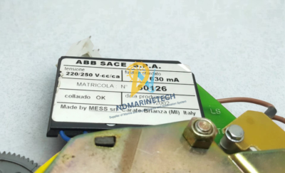 ABB 1SDA038324R1 technical nameplate specifications and electrical rating data. Close-up of ABB SACE S.p.A 1SDA038324R1 nameplate label showing 220/250V AC/DC rating, 630mA current, and quality control inspection stamp.