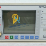 Close-up of ABB REF542 plus HMI Unit nameplate showing Part Number 1VCR007346 G0003 and voltage ratings.