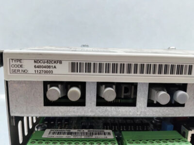 NDCU-52CKFB Identification Label and Fiber Optic Connections. Close up of ABB NDCU-52CKFB label with Serial Number 11270003 and DDCS optical fiber ports.
