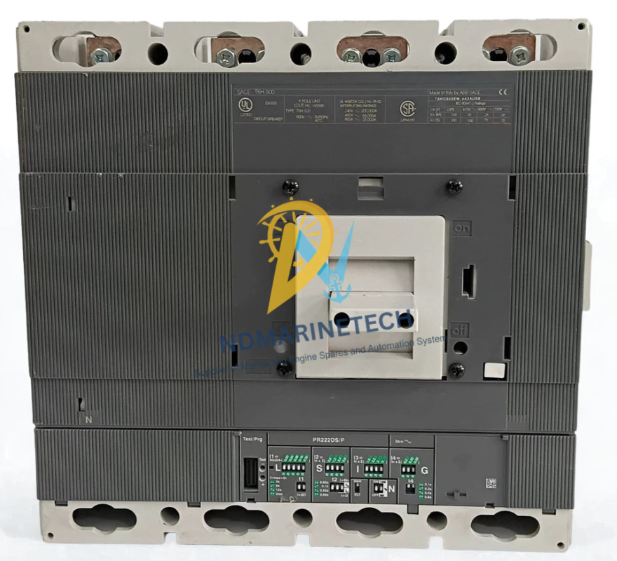ABB SACE T6H 800A 4-Pole MCCB Full Front View Front view of ABB SACE T6H 800 Amp 4-pole Moulded Case Circuit Breaker with manual operating handle.