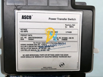 ASCO J03ATSC30400KGX0 400A 415V Transfer Switch Technical Specification Label ASCO Power Transfer Switch J03ATSC30400KGX0 nameplate showing 400 Amps 415V 3 Phase ratings and wiring diagram part numbers.
