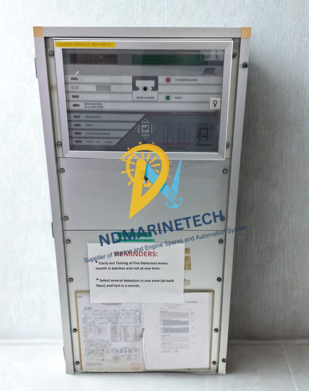 Autronica BS100 DYFI Control Interface and Display Panel Close-up of the Autronica BS100 DYFI fire detection panel showing the control keys, status LEDs for pre-warning and faults, and the yellow safety critical equipment label.