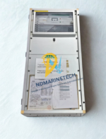 Autronica BS100 DYFI marine fire alarm control panel shown in full vertical view with its alphanumeric display screen, safety-critical indicators, and technical documentation attached to the front casing.