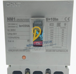 CHINT NM1-250S 3300 225A MCCB Technical Label View CHINT NM1-250S 3300 molded case circuit breaker 225A rating plate details and technical markings.