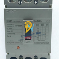 Front view of CHINT NM1-250S 3300 3 pole circuit breaker showing line terminals and ON OFF toggle switch.
