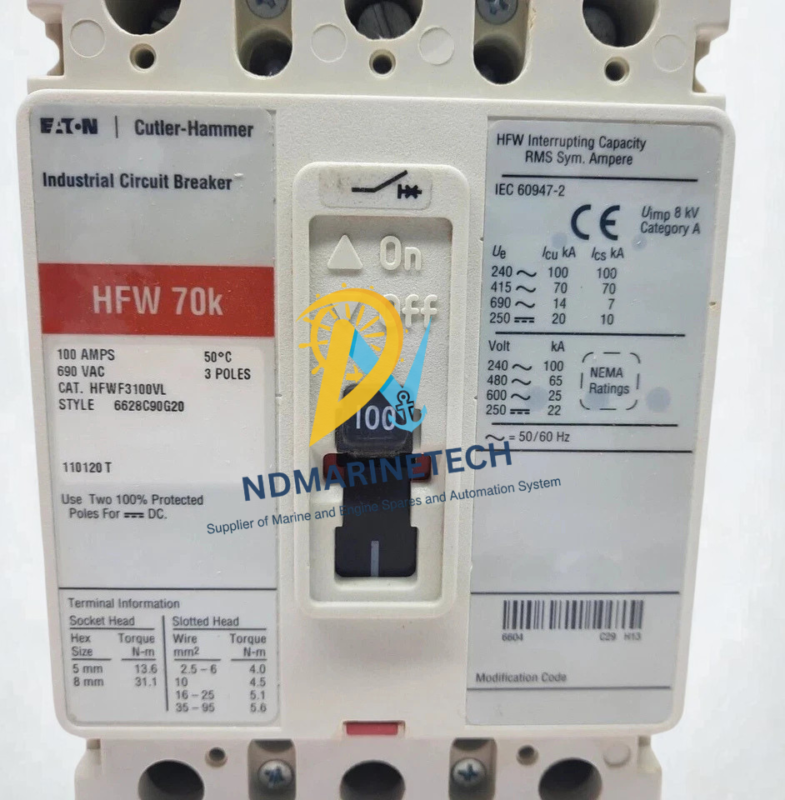 HFWF3100VL Technical Specifications Label Detailed close-up of the technical specification label for HFWF3100VL HFW 70k industrial circuit breaker.