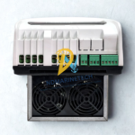Bottom view of Carel PSD1024400 VFD showing power input terminals, output terminals, green Modbus control terminal strips, and twin cooling fans.