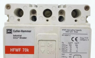 Cutler-Hammer HFWF3125L Circuit Breaker Nameplate and Ratings Close up of Cutler-Hammer HFWF3125L nameplate showing 125 Amp rating, 690VAC voltage, and HFWF 70k interrupting capacity technical data.