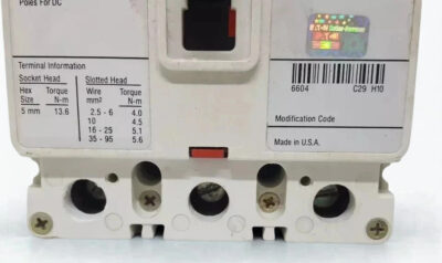 HFWF3125L Terminal Torque Specifications and Made in USA Label Technical view of the lower section of HFWF3125L breaker detailing terminal wire sizes, 13.6 Nm hex torque settings, and the Eaton Cutler-Hammer hologram.