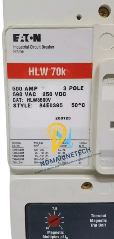 Cutler Hammer HLW3500V 500A Circuit Breaker Front View Front view of a Cutler Hammer HLW3500V 3-pole 500 amp circuit breaker showing the toggle switch and thermal-magnetic trip unit settings.