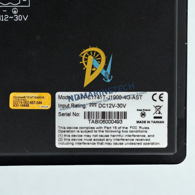 Desoutter APPC1741T-J1900-4G-AST Model Label & Serial Number Details Technical specification label of Desoutter industrial PC model APPC1741T-J1900-4G-AST showing DC 12V-30V input rating and Windows 10 IoT license sticker.