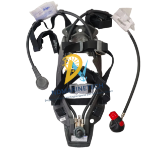 Complete Dräger PAS Lite SCBA backplate and harness system. Dräger PAS Lite factory shipping box label from with correct part number REF 3357774 and serial prefix BRSC, showing origin text 'Made in United Kingdom'.