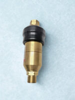 Full view of a brass Drew Marine oxygen backfire valve with a black rubber protective sleeve.