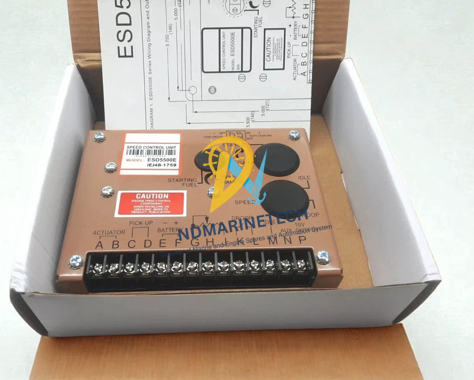 GAC ESD5500E Governor Unboxed with Manual Wiring Diagram Unboxed ESD5500E speed control unit governor lying inside its product box alongside its official installation wiring diagram sheet.