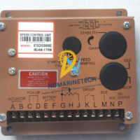 Front face panel of GAC ESD5500E speed control unit governor showing terminal block connections A to P and potentiometer adjustment dials.