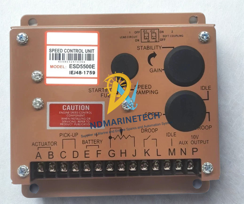 ESD5500E Speed Control Unit(1) Front face panel of GAC ESD5500E speed control unit governor showing terminal block connections A to P and potentiometer adjustment dials.