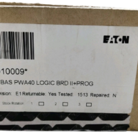 Product packaging label for Eaton 1010009 PCBAS PWA40 LOGIC BRD II+PROG showing Revision E1 and Eaton logo.