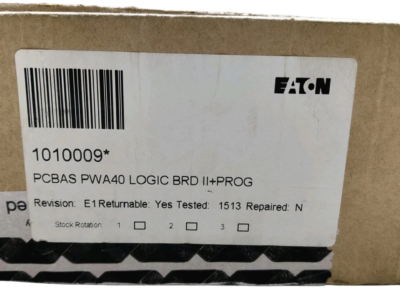 Eaton 1010009 Manufacturer Packaging Label Product packaging label for Eaton 1010009 PCBAS PWA40 LOGIC BRD II+PROG showing Revision E1 and Eaton logo.