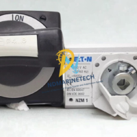 Side-by-side view of the Eaton Moeller NZM1-XTVD rotary handle assembly with NDMARINETECH branding, highlighting the black handle and white mounting base.