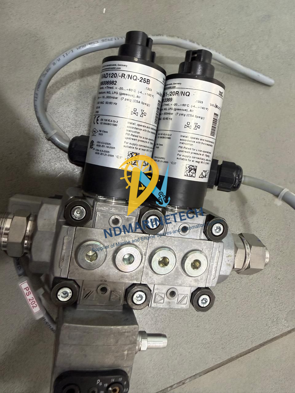 Edwards Gas Manifold 88006982(3) Detailed view of the Edwards Gas Manifold VAD120 (88006982) mounted on the valve block with industrial grade fittings and marine safety certifications visible.