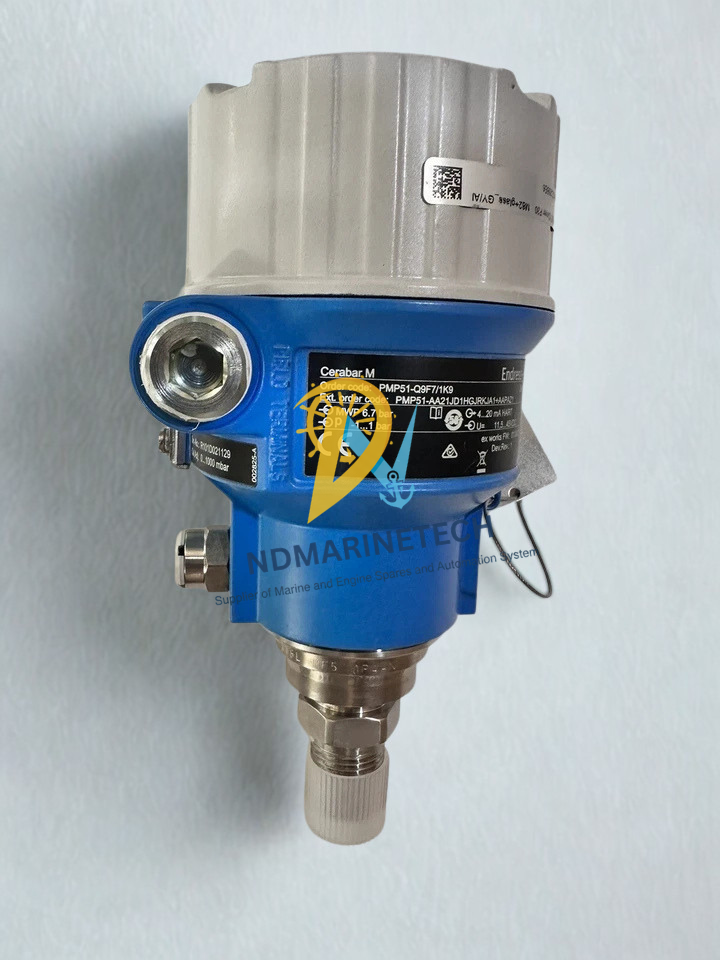 Endress+Hauser Cerabar M PMP51 Close-up view of Endress-Hauser Cerabar M PMP51-Q9F7-1K9 pressure transmitter showing the nameplate, electrical terminal housing, and metallic process connection thread.