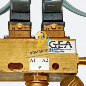 DN20 Strainer and Ball Valve Assembly on Westfalia Solenoid Unit Close-up of a genuine GEA Westfalia Separator 0018-6654-000 solenoid valve block showing OEM label, A1 A2 P ports, and dual coil operators.
