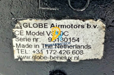 GLOBE Model VS10C Air Motor Serial Number and Manufacturer Label Authentic manufacturer nameplate of GLOBE Airmotors b.v. CE Model VS10C with serial number 93130154, manufactured in The Netherlands.