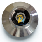 Top-down view of Goulds 9 inch centrifugal pump impeller part 745743 in 316 SS showing the precision machined eye and suction inlet.