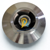 Top-down view of Goulds 9 inch centrifugal pump impeller part 745743 in 316 SS showing the precision machined eye and suction inlet.