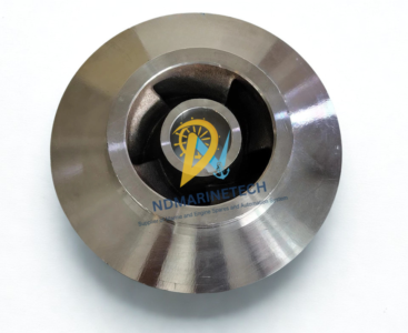 Goulds Part 745743 Centrifugal Pump Impeller Top View Top-down view of Goulds 9 inch centrifugal pump impeller part 745743 in 316 SS showing the precision machined eye and suction inlet.
